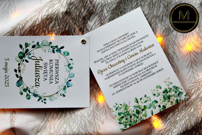 Eleganckie zaproszenie na Pierwszą Komunię Świętą - Eukaliptus