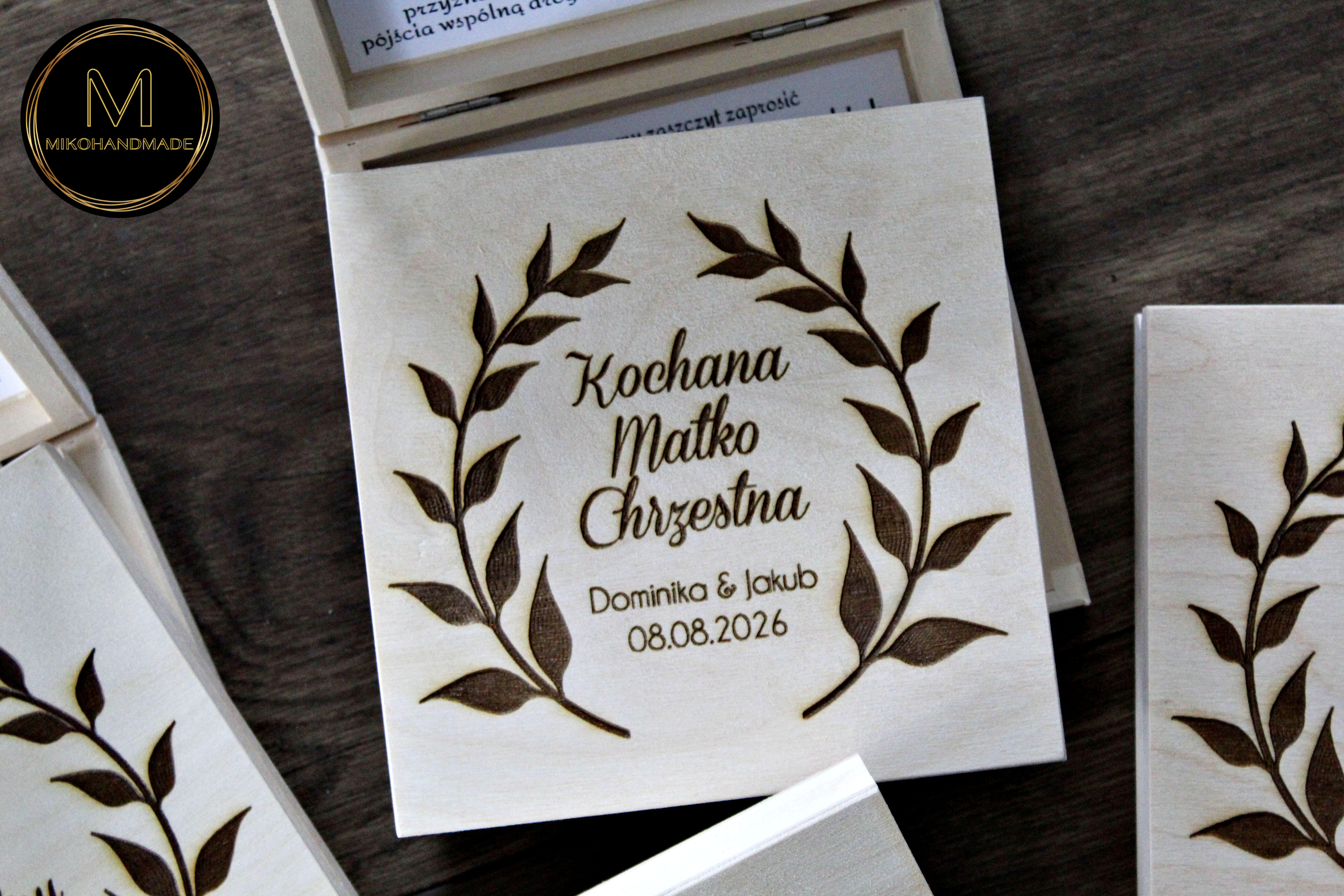 Personalizowane Zaproszenie ślubne dla Babci / Dziadka / Rodziców Chrzestnych - Wianek (Grawer) - Natural (6)