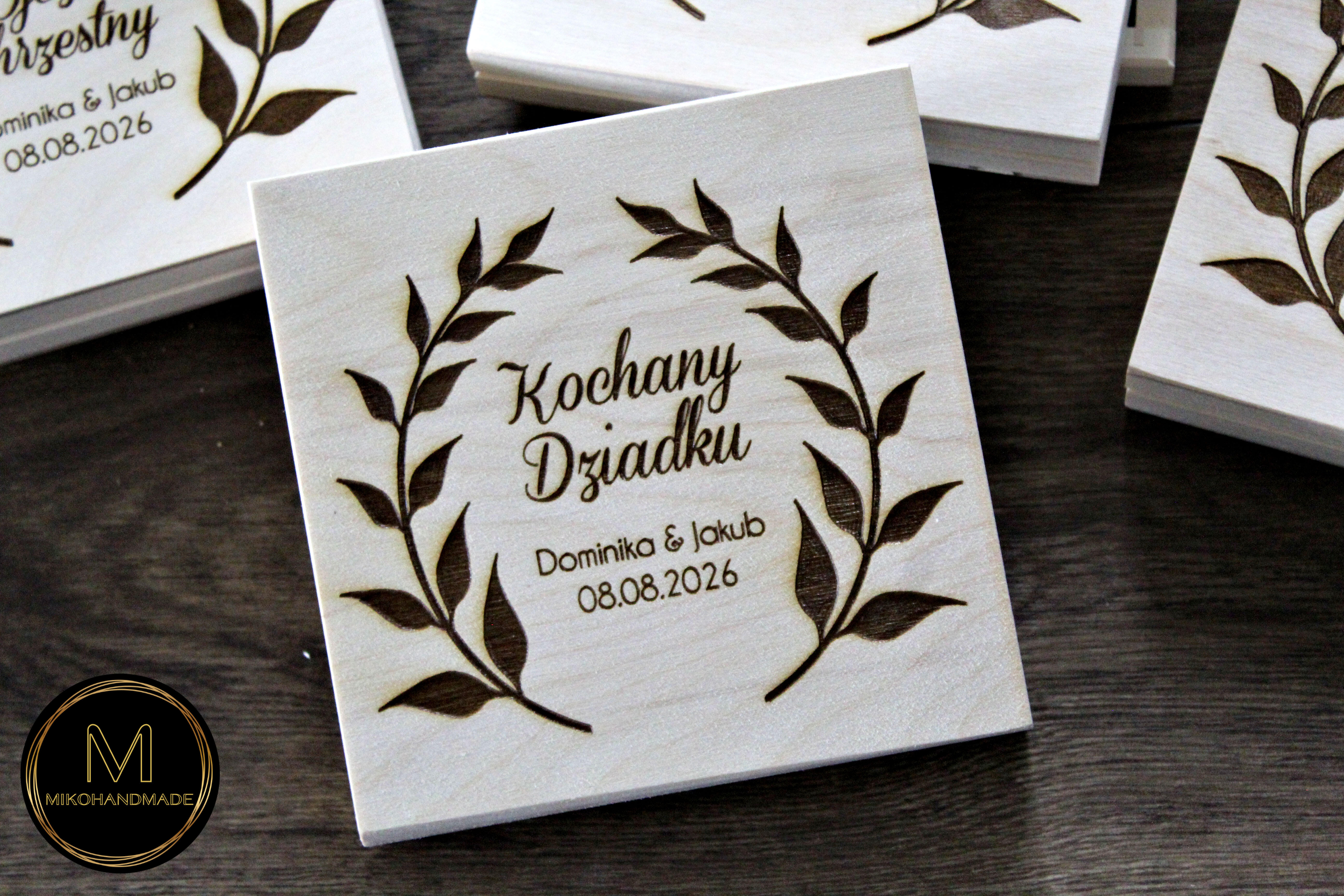 Personalizowane Zaproszenie ślubne dla Babci / Dziadka / Rodziców Chrzestnych - Wianek (Grawer) - Natural (7)