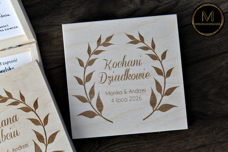 Personalizowane Zaproszenie ślubne dla Babci / Dziadka / Rodziców Chrzestnych - Wianek (Grawer) - Natural (4)