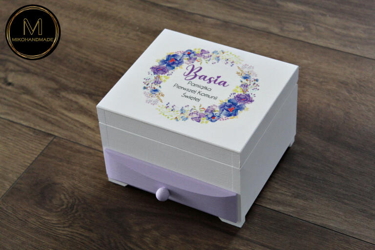Personalizowana Szkatułka z Lusterkiem – Prezent na Komunię / 18-stkę / Urodziny - Fioletowe kwiaty