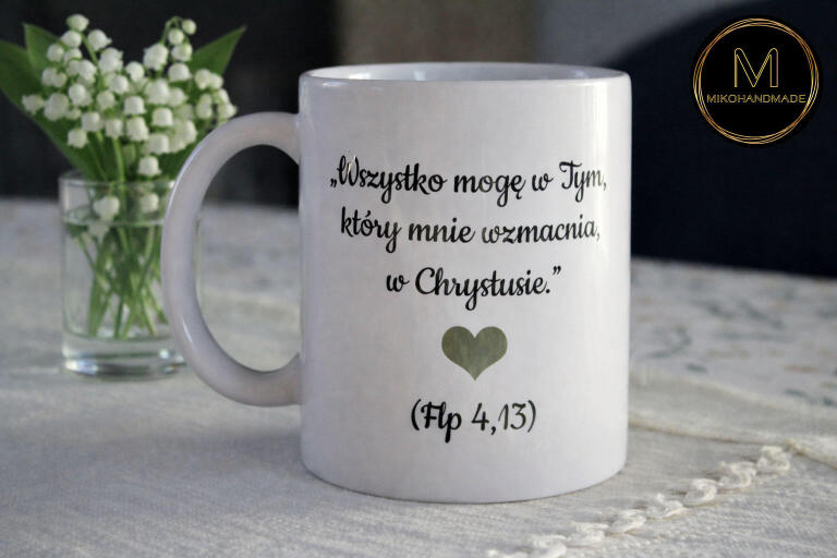 Personalizowany kubek komunijny dla chłopca – Motywacyjny cytat z Biblii 