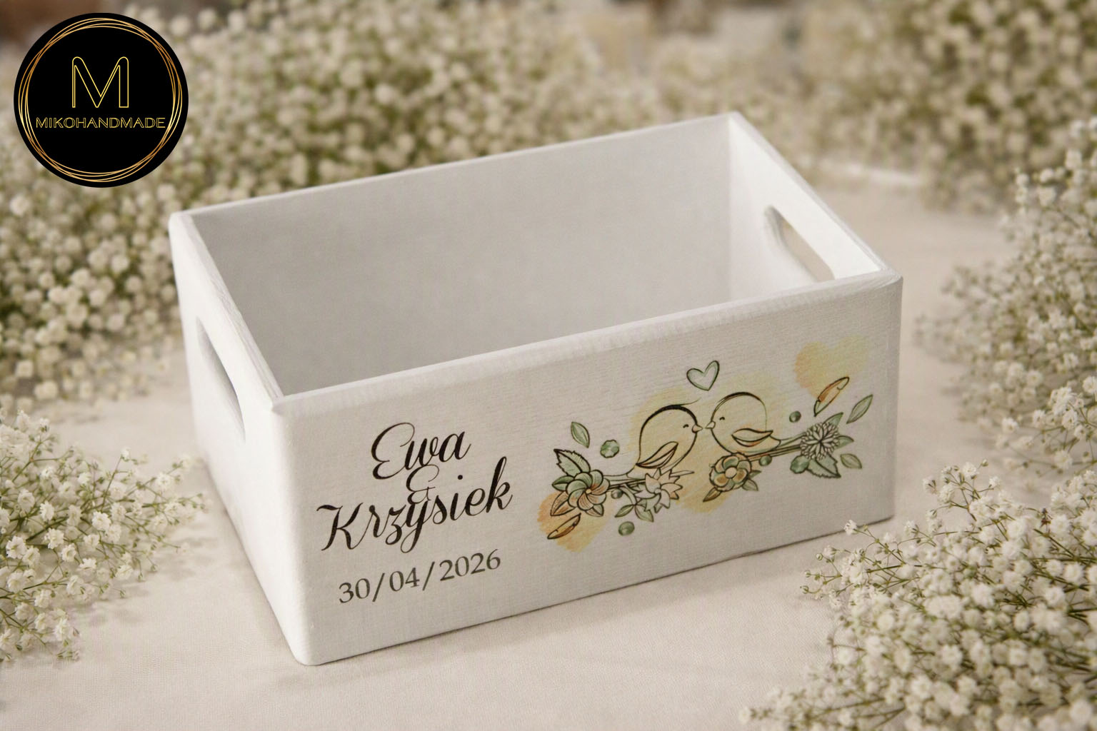 Elegancka drewniana skrzynka ślubna – idealna na prezent i podziękowania dla Rodziców / Chrzestnych / Dziadków - ptaszki (1)
