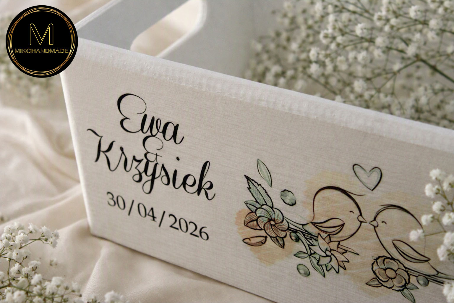 Elegancka drewniana skrzynka ślubna – idealna na prezent i podziękowania dla Rodziców / Chrzestnych / Dziadków - ptaszki (2)