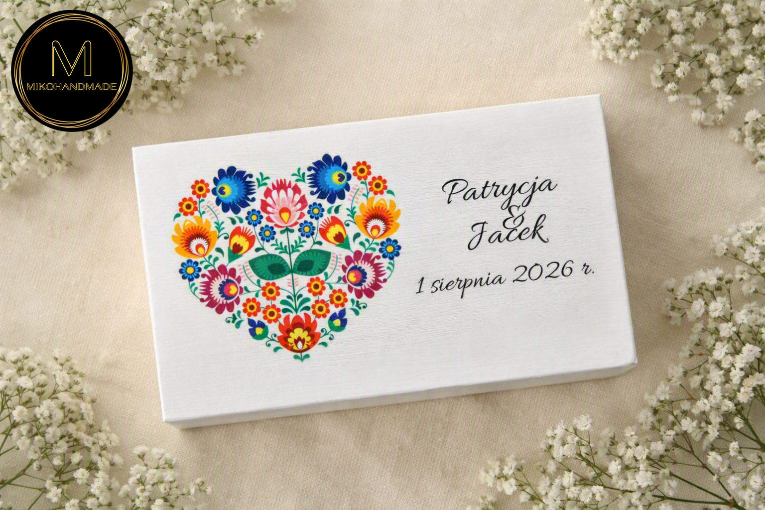 Eleganckie pudełko na prezent ślubny z łowickim sercem – wyjątkowa alternatywa dla koperty (3)
