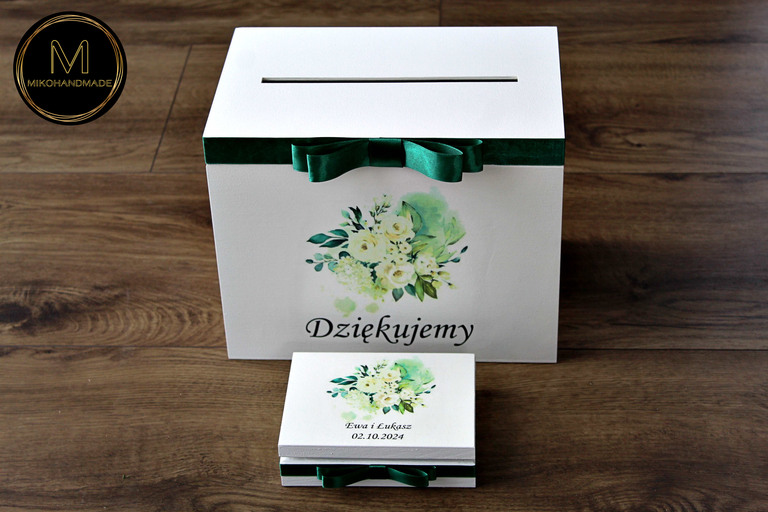 Komplet pudełek ślubnych - białe kwiaty + butelkowa zieleń