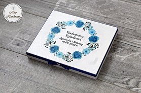 Pudełko na czekoladki Merci - podziękowanie ślubne - niebieskie kwiaty